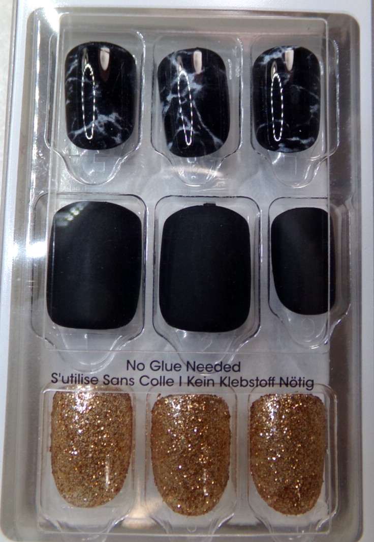 IMPRESS NAILS PRESS ON Short Shiny Black Marble with Matte Black & Gold Glitter