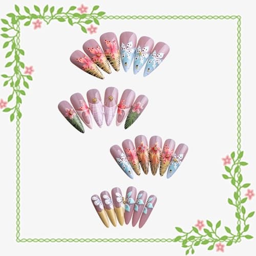 Colorful Flower Press on Nails Long Artificial Acrylic Fake Nails Animal Print