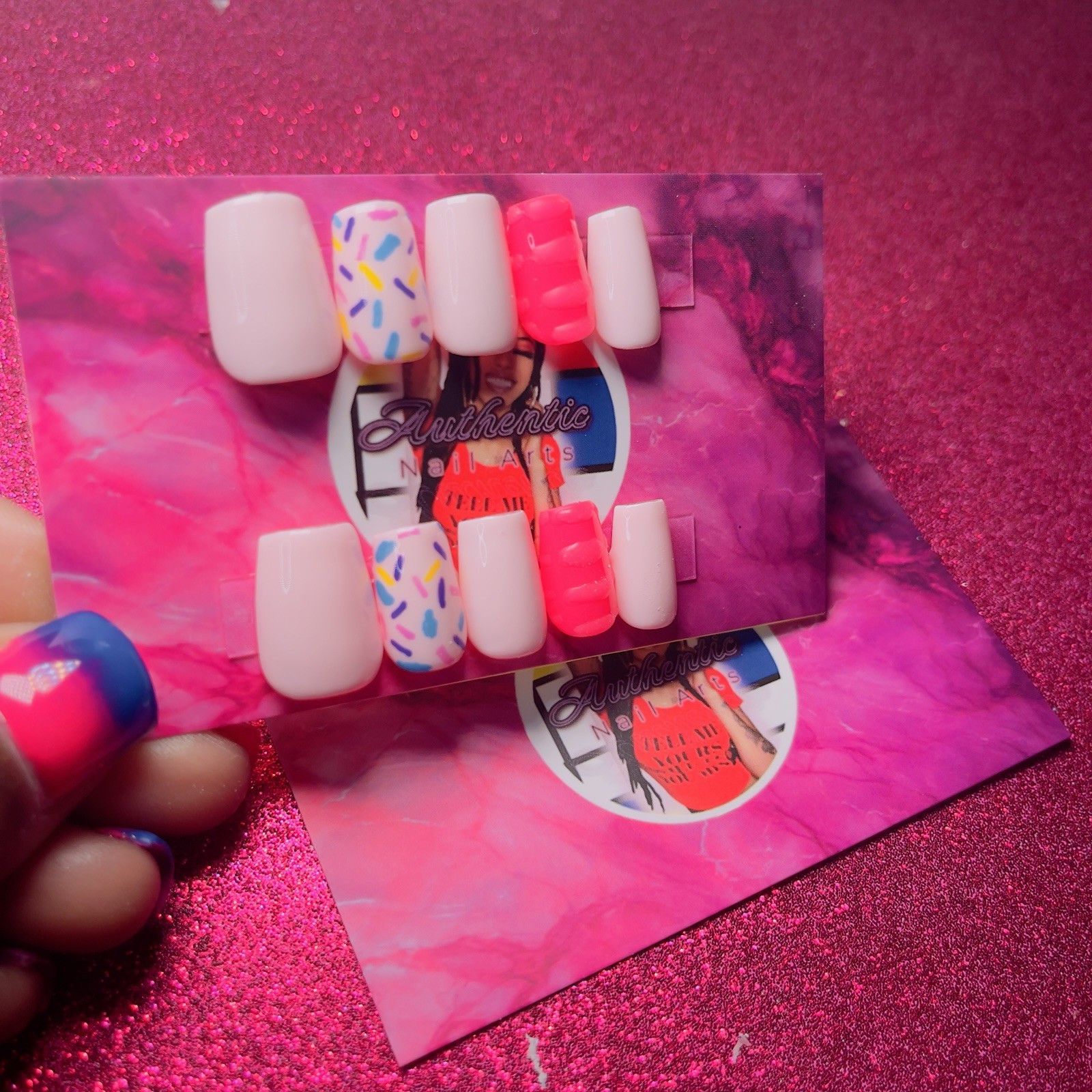 Square Press-On Nails Pink Neon Sprinkles Shiny by Authentic Nail Arts by Dia