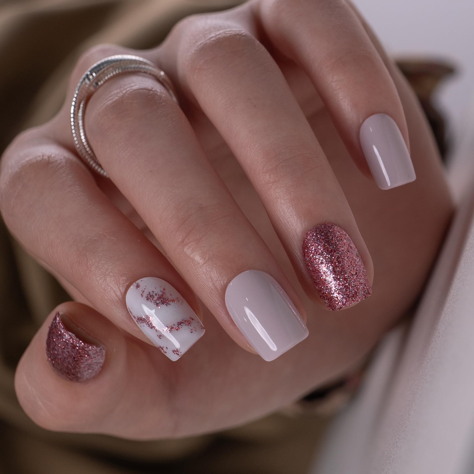 Press on Nails Short Square Acrylic Fake Nails with Apricot Design Full Cover…
