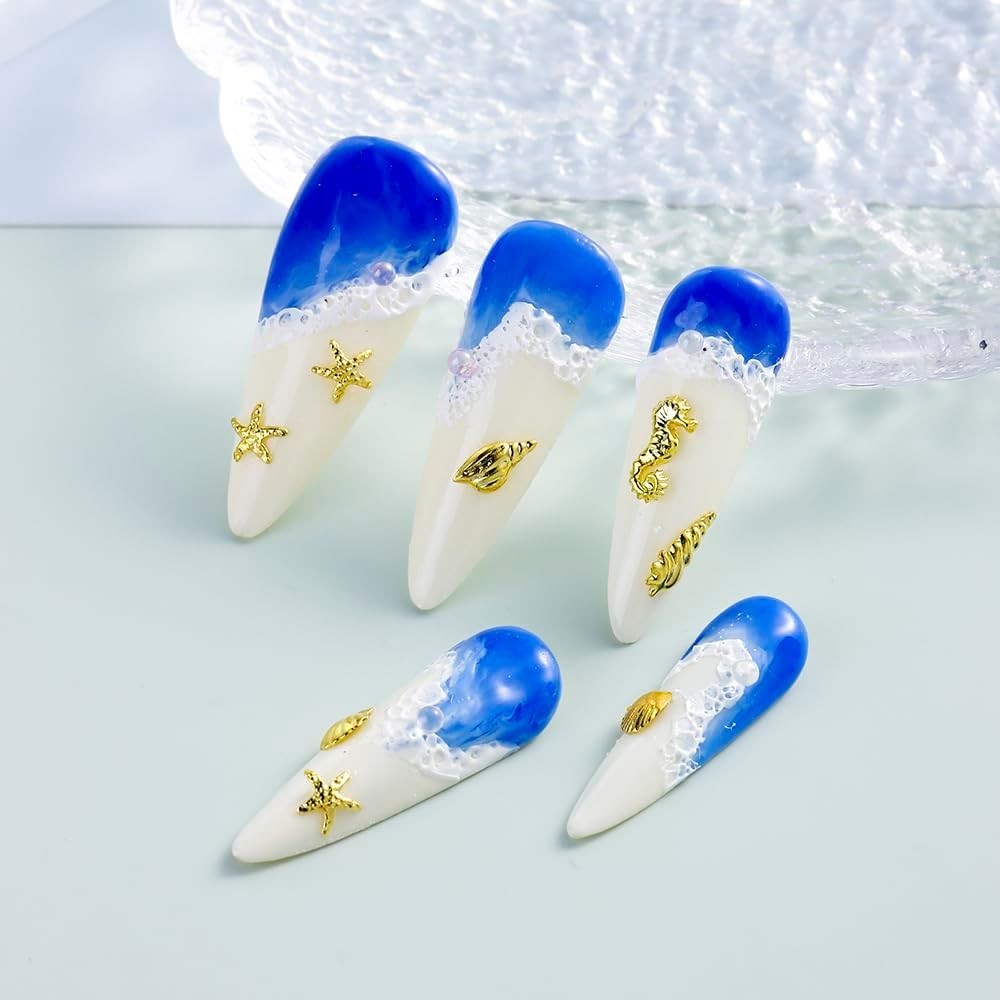 Summer Beach-Themed Nail Charms: 200 Gold Studs with Pearls & Caviar Beads