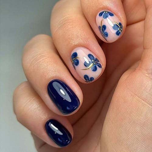 Spring Press on Nails – Blue Flower Short Square Fake Nails – Gold Foil Pattern4