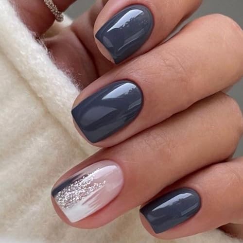 24Pcs Dark Black Blue Press on Nails Short Square Fake Nails Grayish Blue