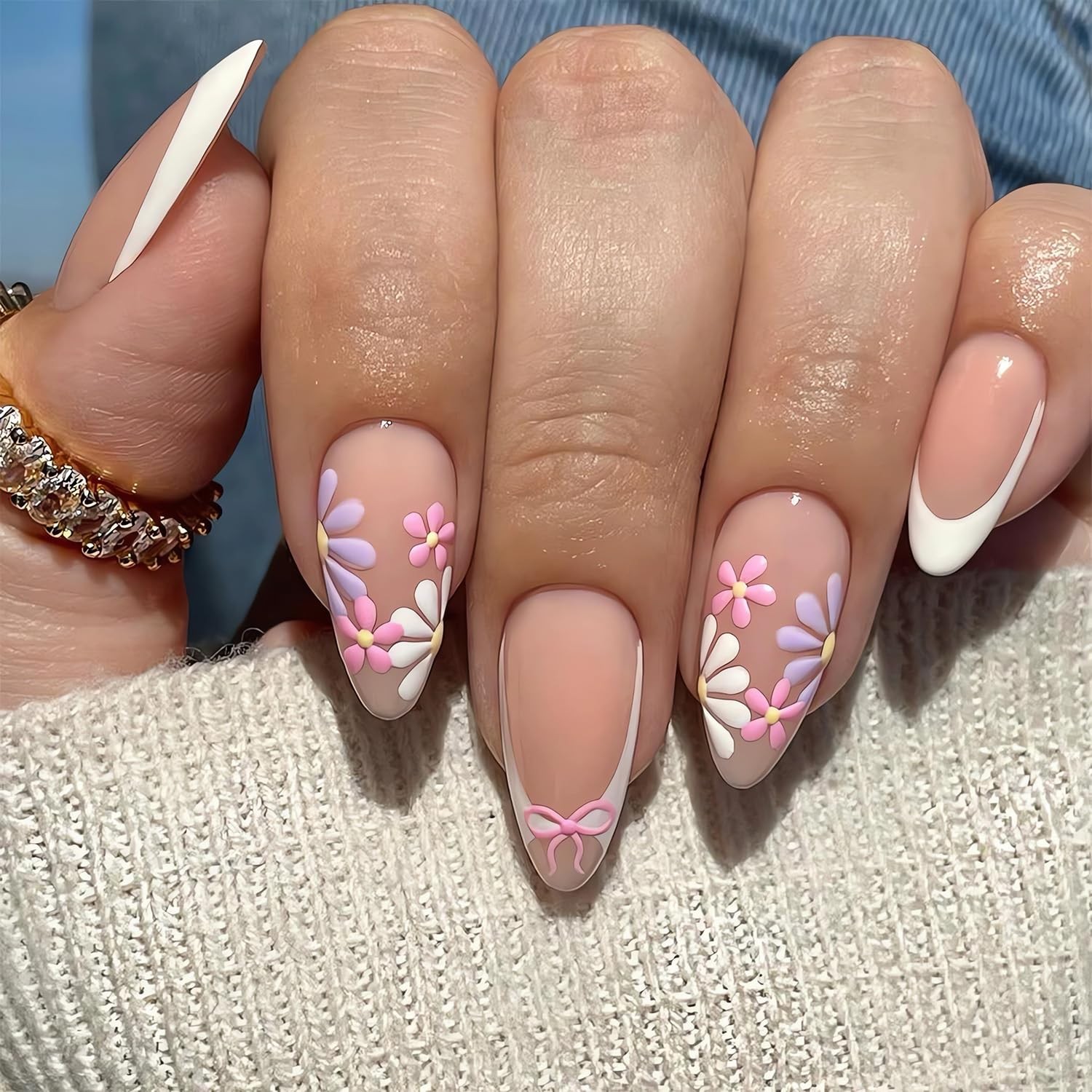 Summer French Tip Press On Nails Flower Design Almond Medium Glossy Fake Nails