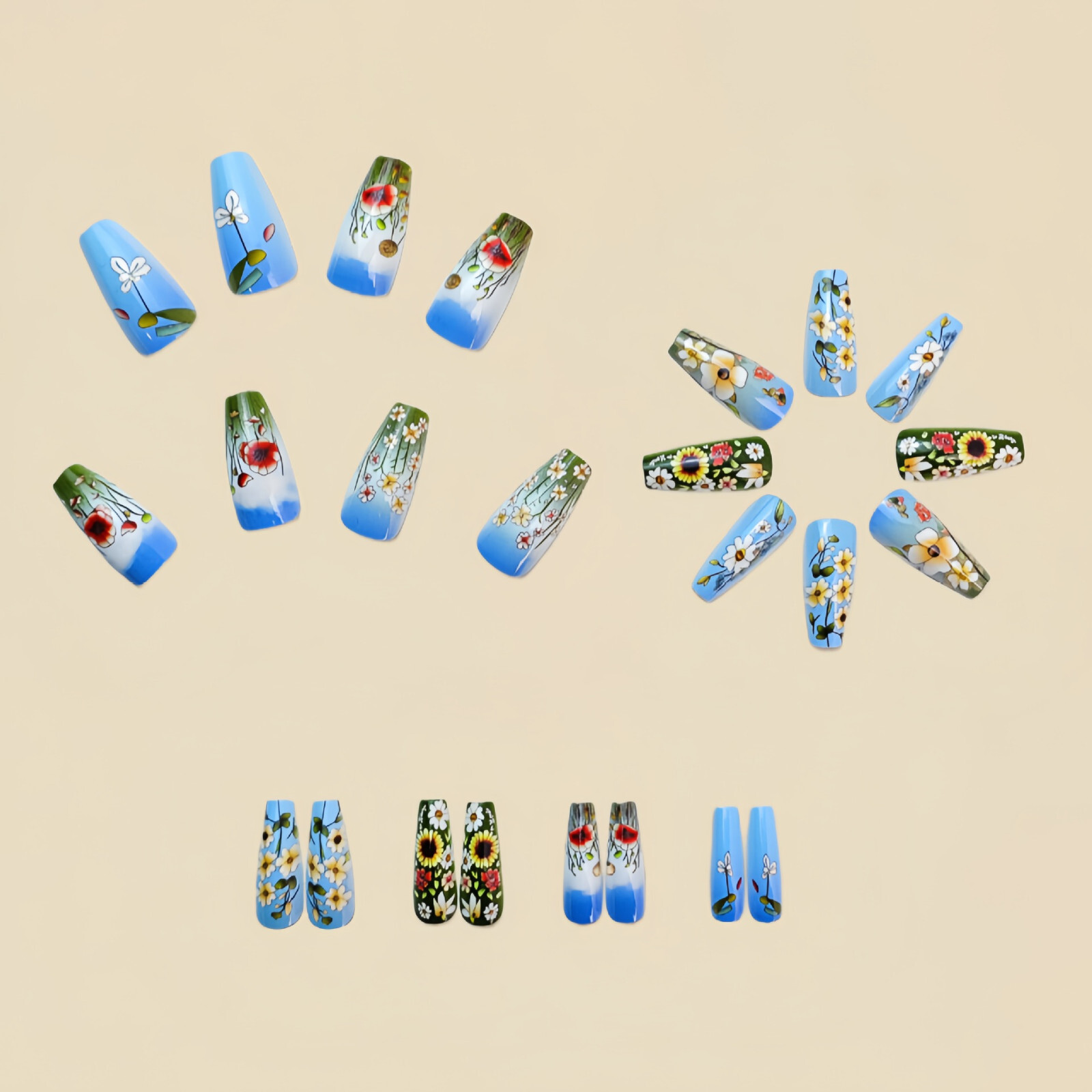 4 set （24Pcs/set ）Flowers False Nail Art Full Cover Artificial Fake Nails