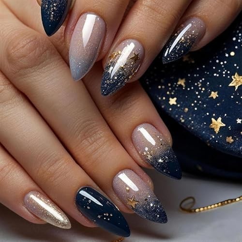 24Pcs – Medium Almond – Ombre Blue & Star Press – 24 Ounce
