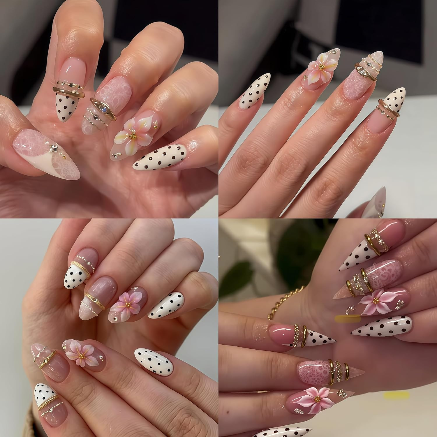 24Pcs 3D Flower Press on Nails Almond Polka Dot French Tip Fake Nails with Flora