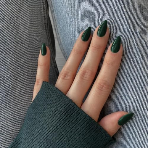 48Pcs Dark Green Press on Nails Almond Fake Nails Glue almond glossy dark green