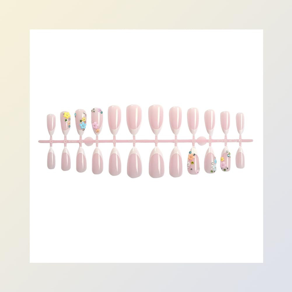 Medium Almond Press on Nails – White French Tip, Acrylic Fake Nails with 3D Flow