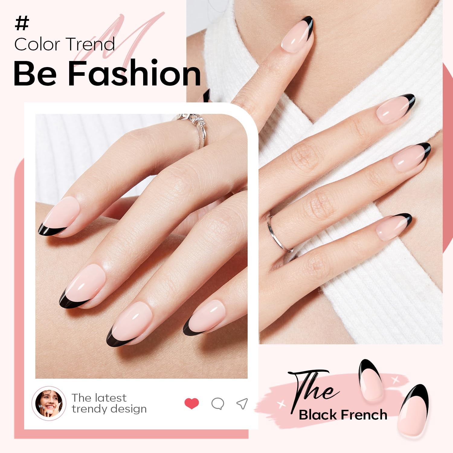Modelones Black French Tip Press on Nails Short Almond short, A6-Black