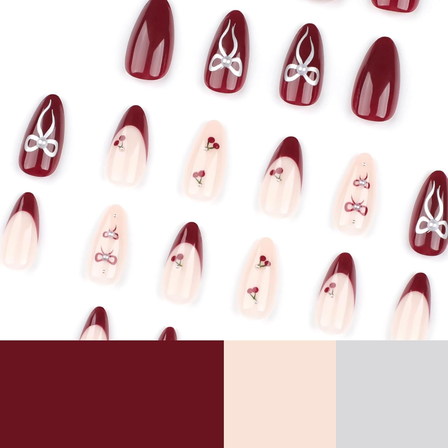 Red French Tip Press on Nails Cherry Fake Nails Short Almond False Nails with…