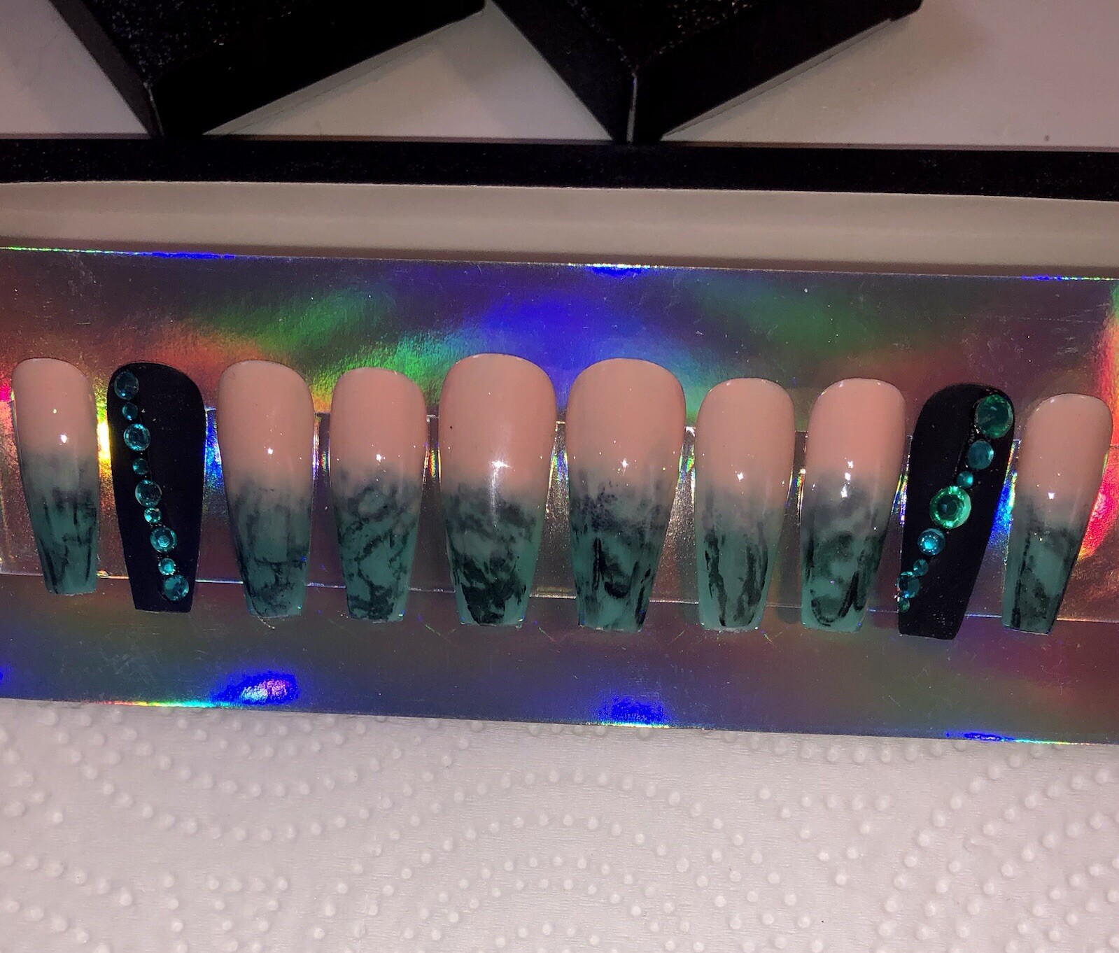 Green and Black Turquoise Ombre Press on Nails with Rhinestones