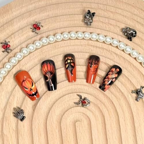 24Pcs Halloween Pumpkin Medium Length Fake Nails Orange Flower Style Nails 01