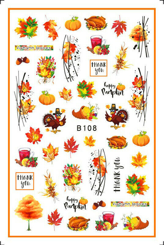3D Autumn Leaf Nail Decal Turkey Thanksgiving Pumpkin Maple Fruit Stickers NH15