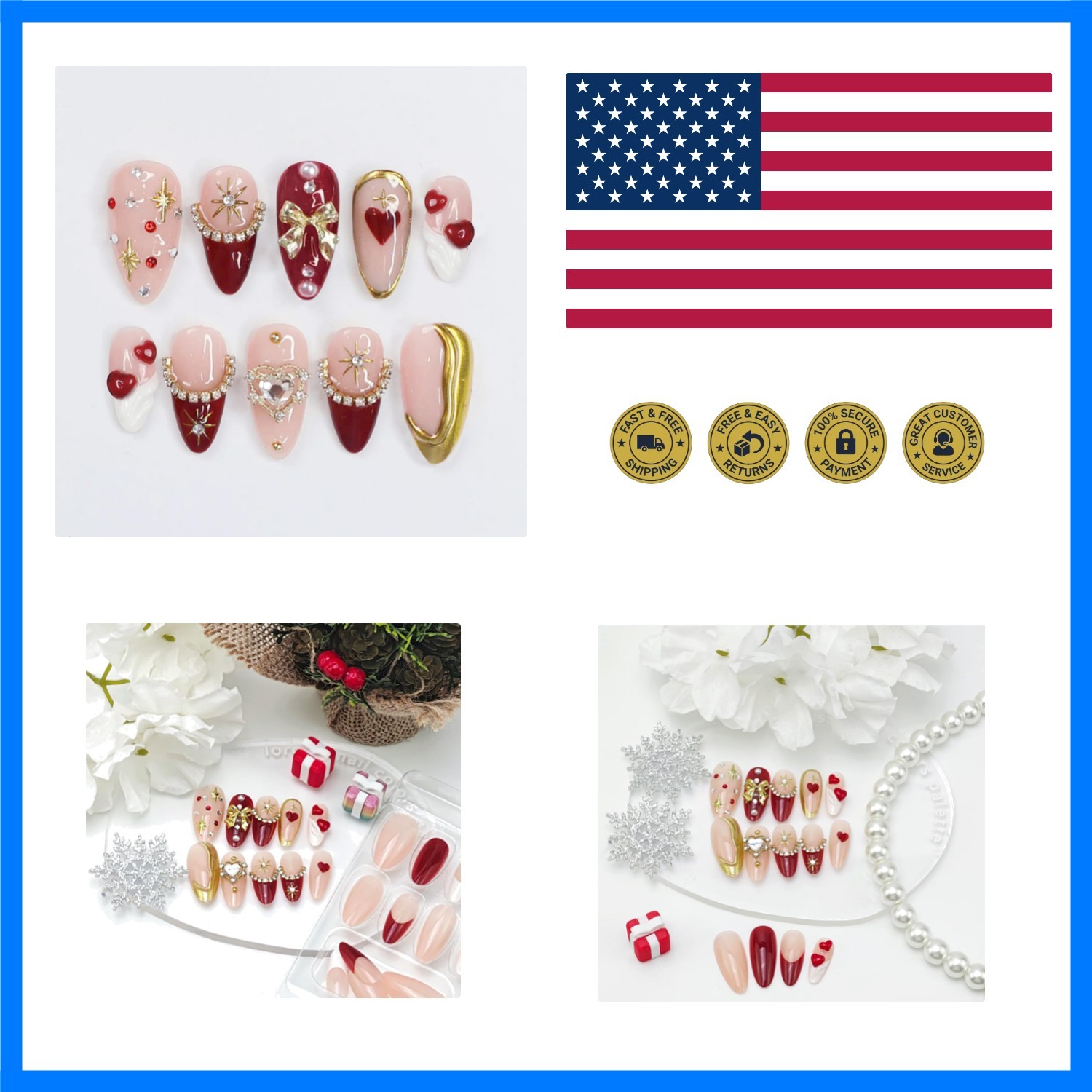 24Pcs Valentines Press on Nails Medium Almond Fake Nails 3D Gold Bow Pearl Rh…