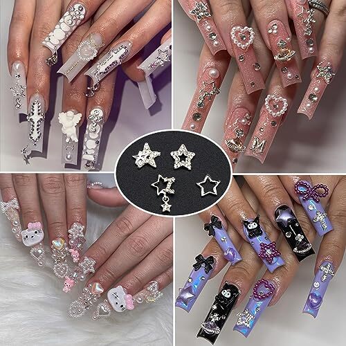 30PCS Star Nail Charms 3D Alloy Nail Art Charms 4 Styles Silver Stars Nail