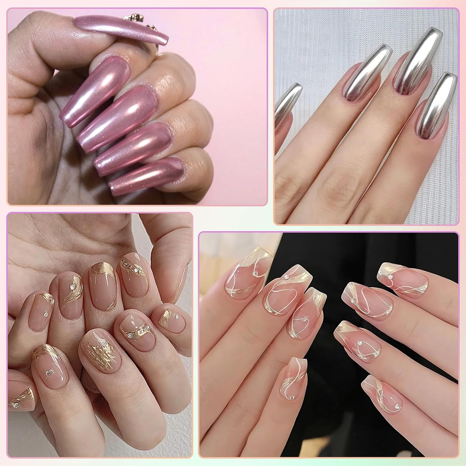 Gold Silver Chrome Nail Powder, 6 Colors Metallic Mirror Effect Pink Light Purp