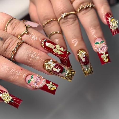 106 PCS Gold Nail Charms 3D Nail Art Charms Cherry Butterfly Cross Bow Star