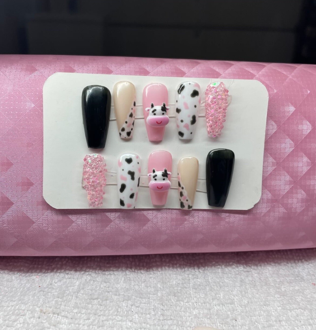 ⭐️ CUSTOM Gel Cow Pattern Long Press On Nails W/Gems