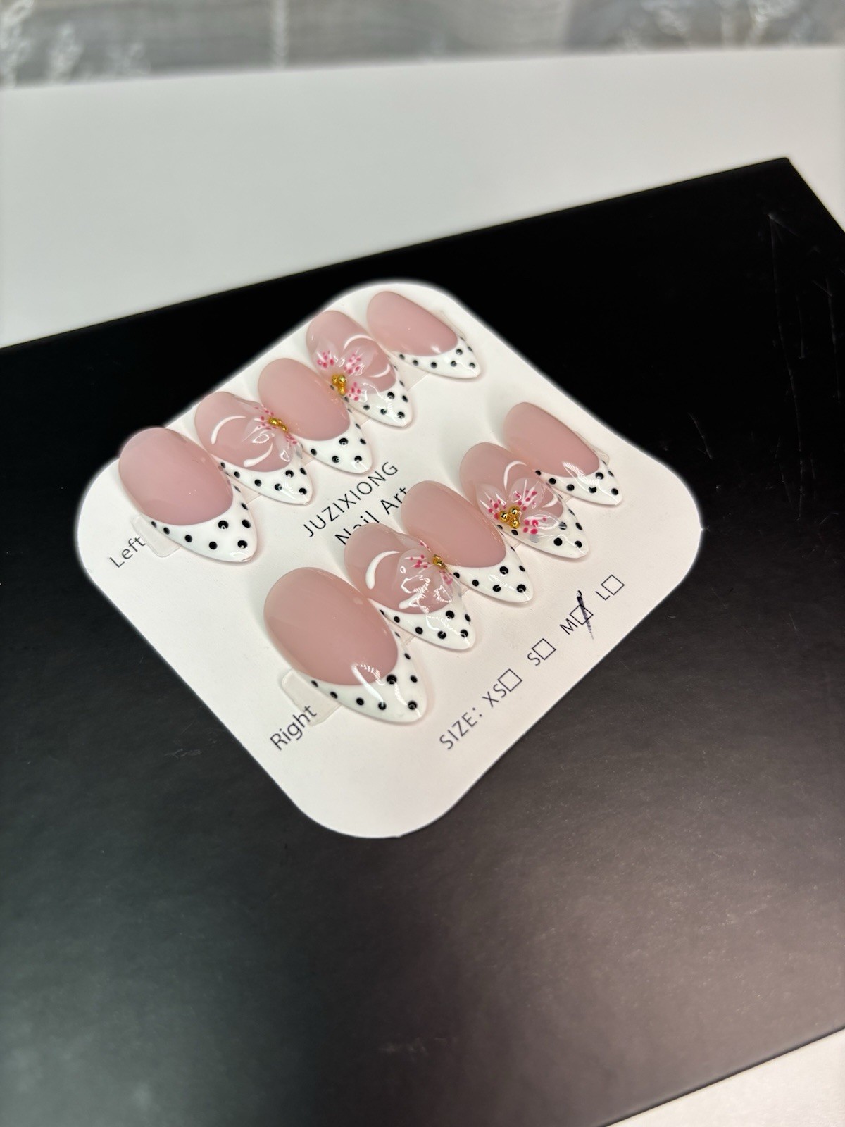 Polka Dot French Almond Press On Nails With Floral Details Size Medium New