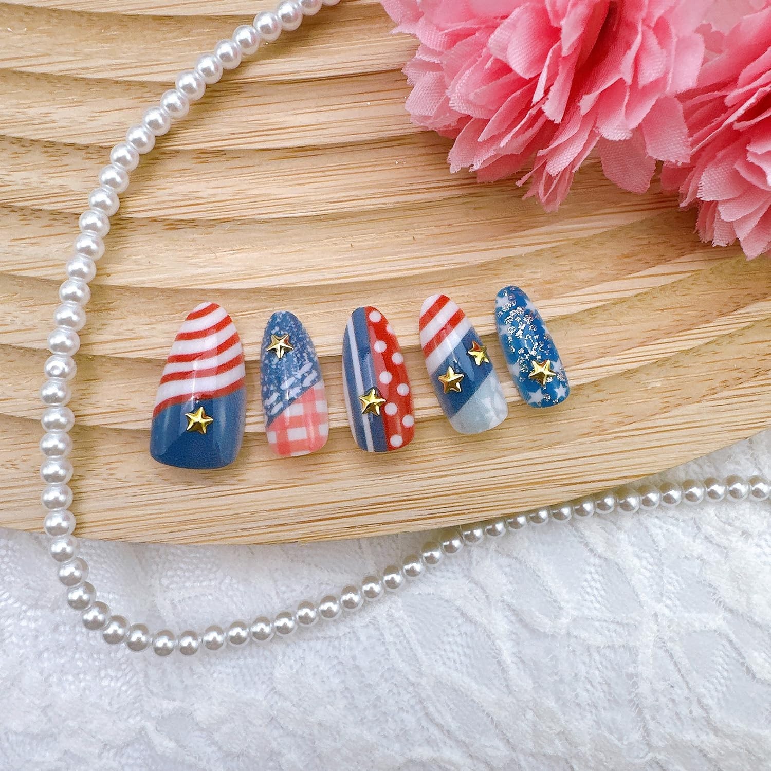 30Pcs 4th of July Press on Nails Medium Almond Fake Nails with Gold Star Red …
