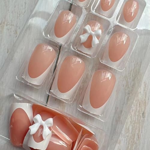 24Pcs Color Press On Nails – Short Square, White French Tip, Full Nude Pink