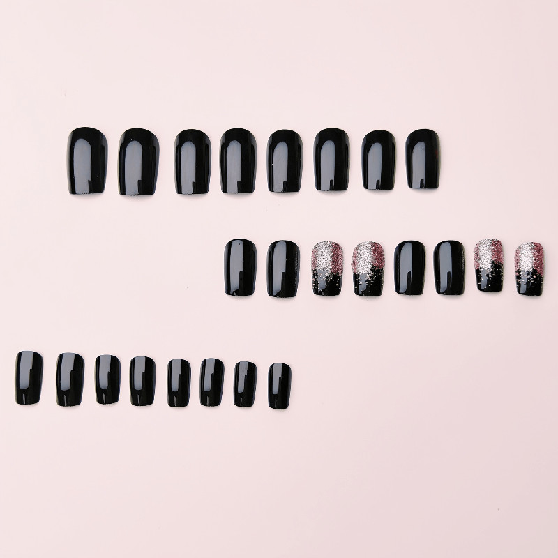 48Pcs-Black Gloss Coffin Press on Nails Rose Gold Glitter Gradient Tip Fake Nail
