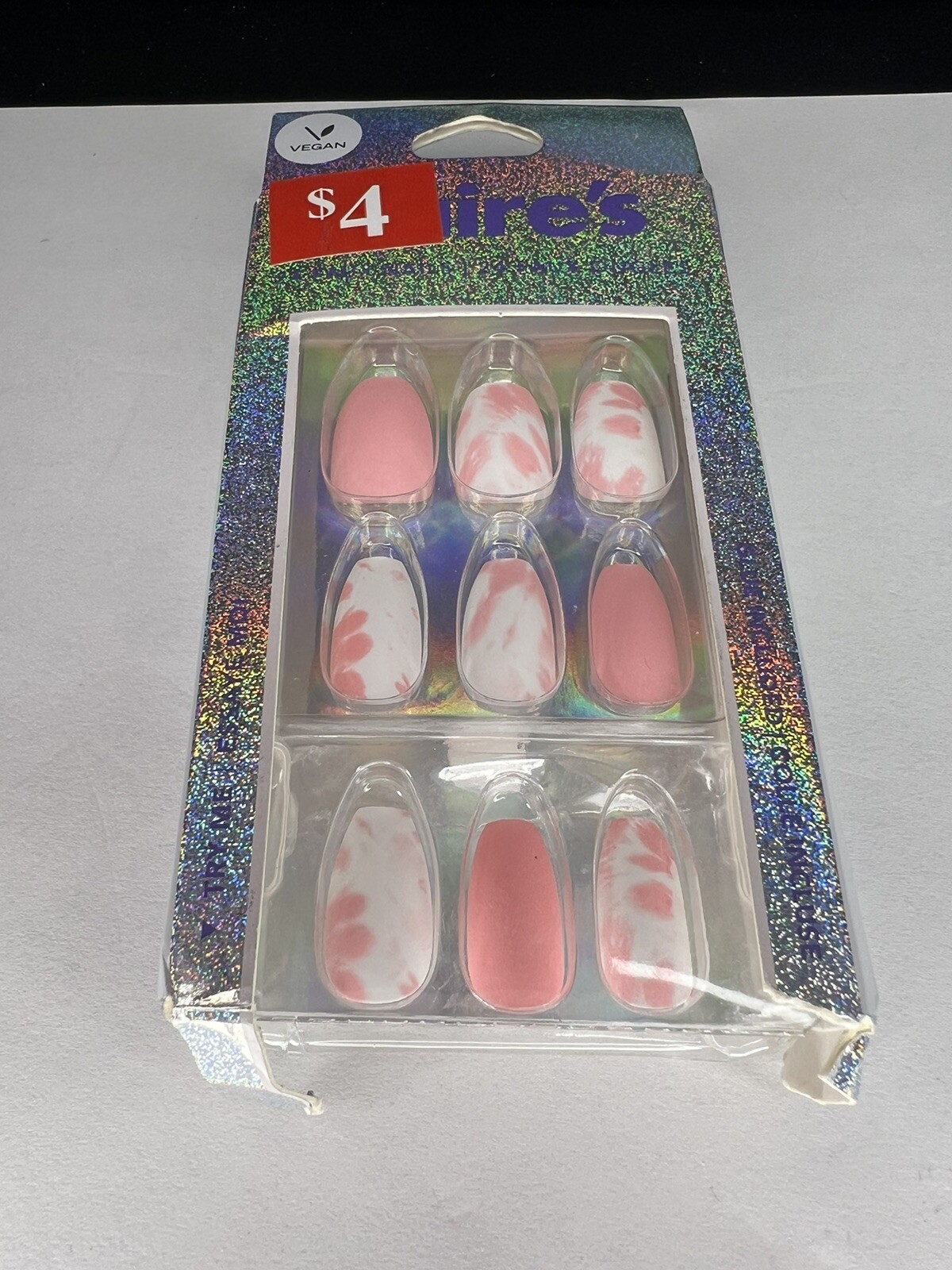 24pc Claire’s Fake False Press On Nails Glue On Vegan Pink White Coffin