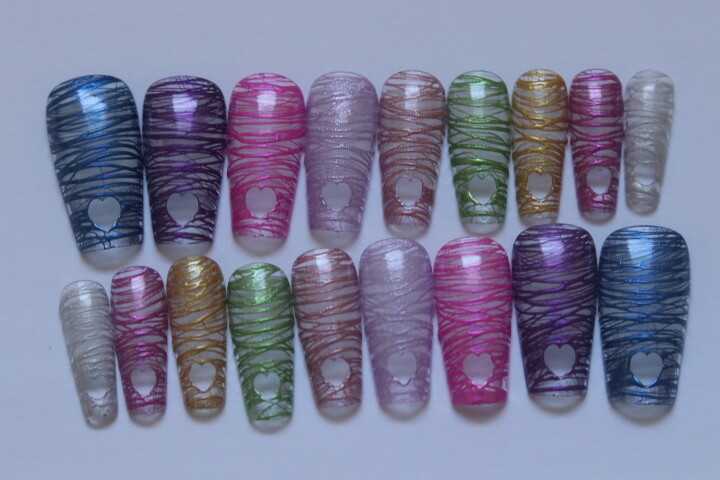 Chrome Rainbow with Heart tips- press on nail set- Set of 18 sizes 0-8