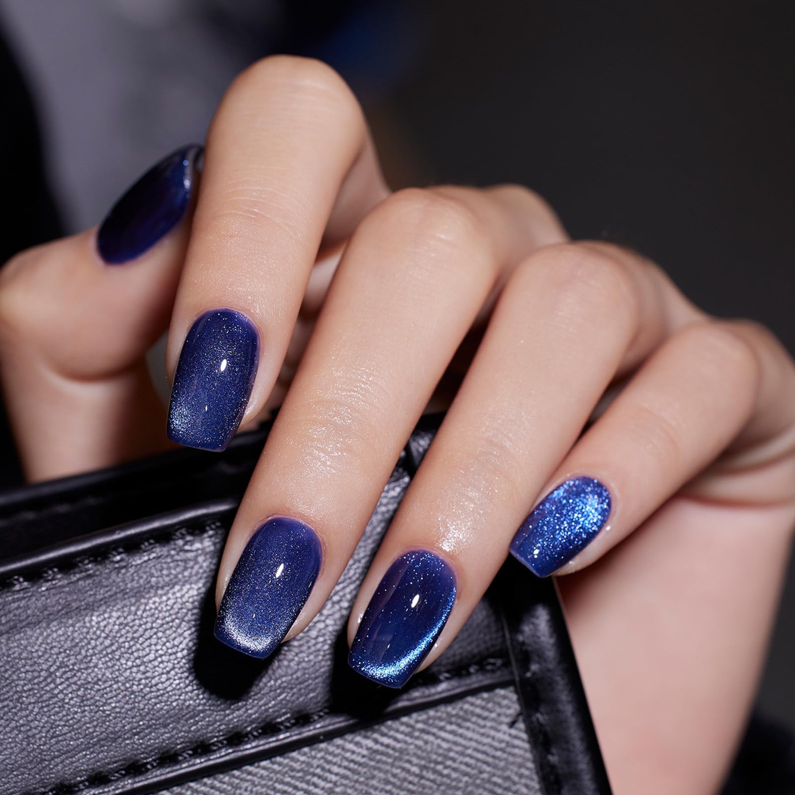 Blue Glitter Press on Nails Short Square Fake Nails False Nails with Design G…