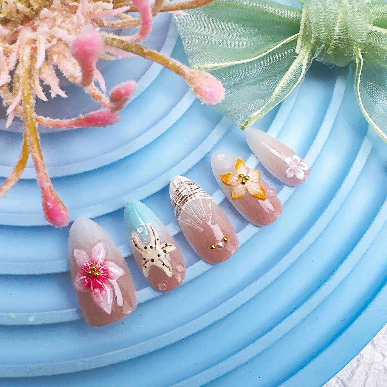 FDSQHSA french tip almond nails 3d flower star