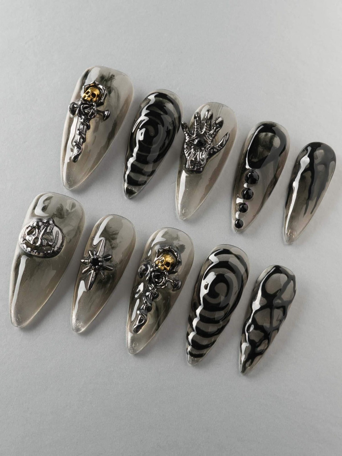 Custom Handmade Halloween Skeleton Hand Spider Web Cross Charms Press on Nails