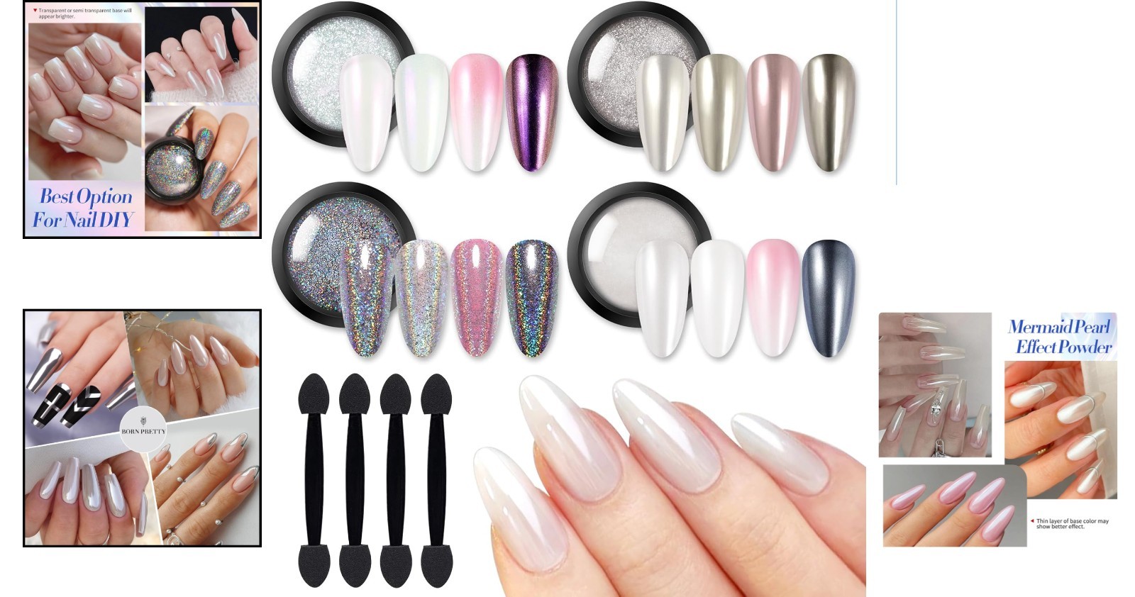 Gorgeous 4-Pc Chrome Nail Powder Set – White Pearl Metallic Holographic Shine