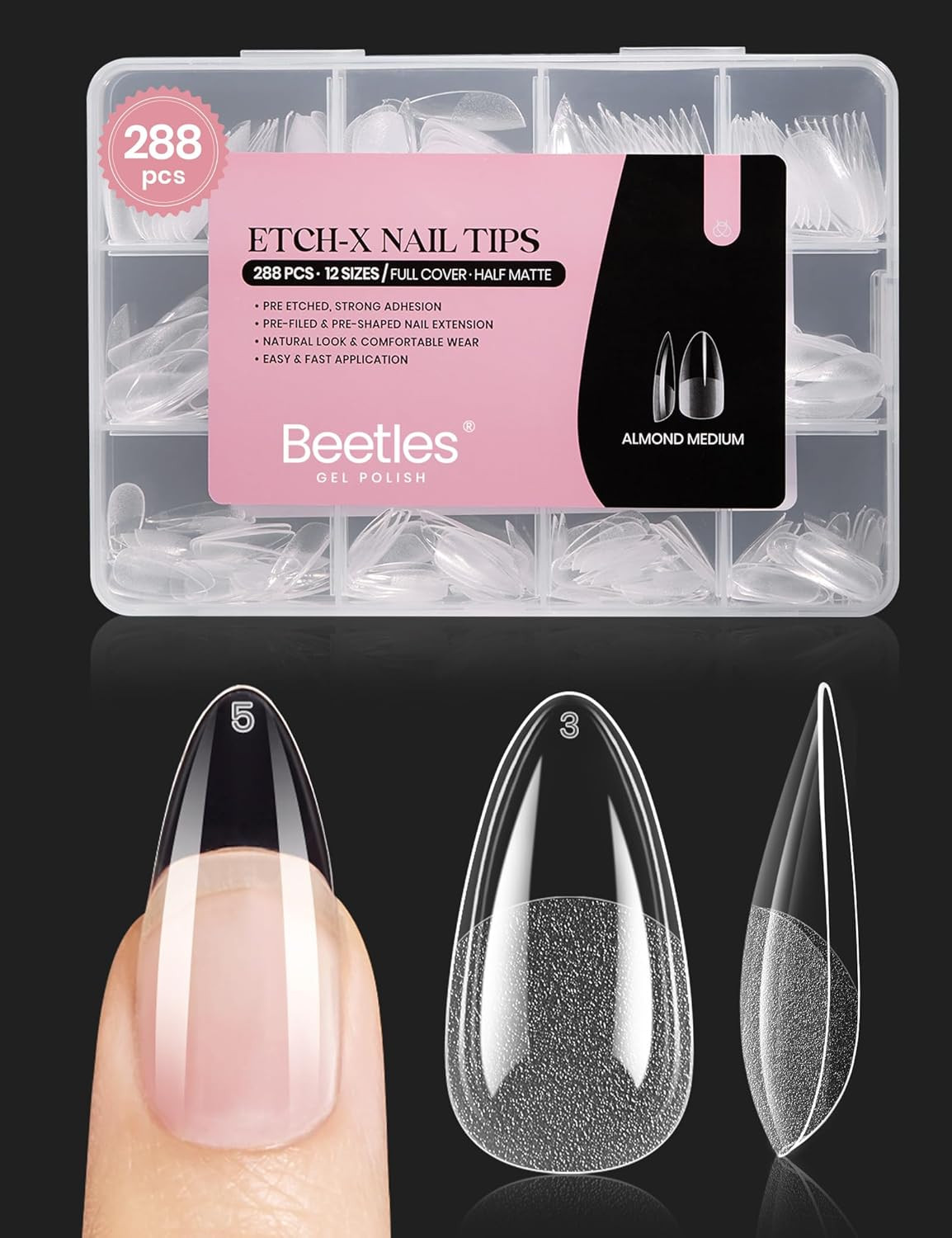 Beetles Gel Nail Tips Medium Almond Etch X, 12 Sizes 288 PCS | Half Matte Press