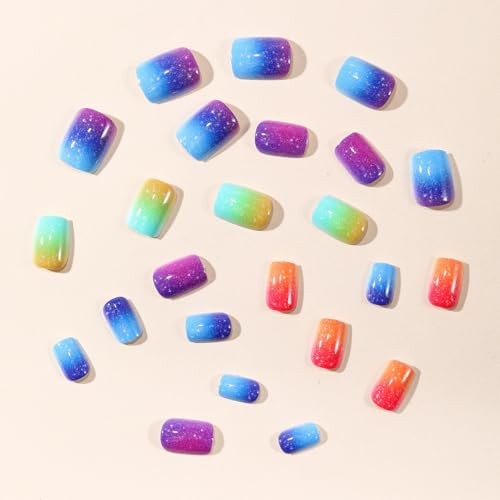 Summer Press On Nails – Short Square Colorful Glitter Ombre Fake Nails Style22