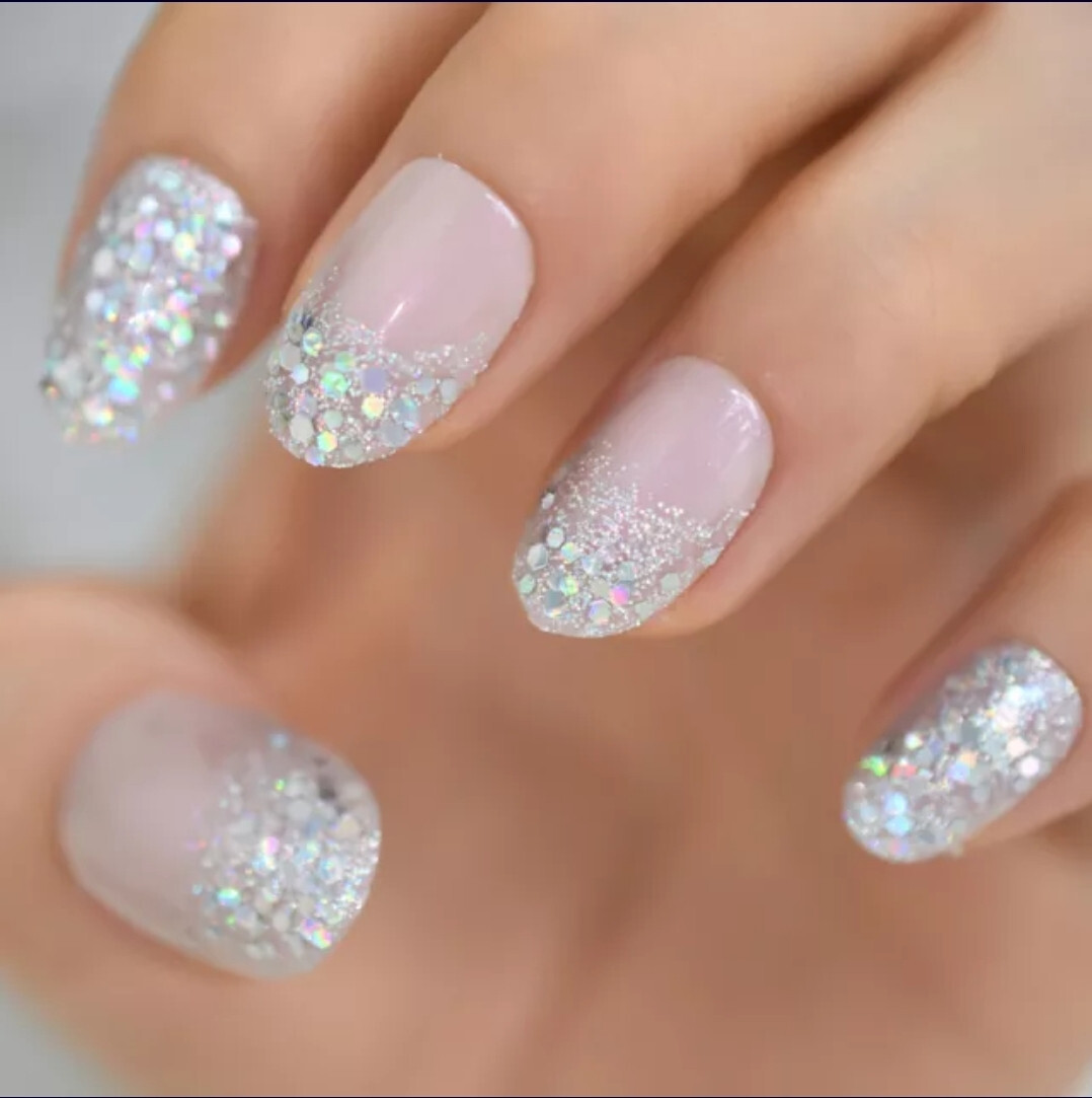 24 Short Press on nails kit w glue ombre glitter pink almond