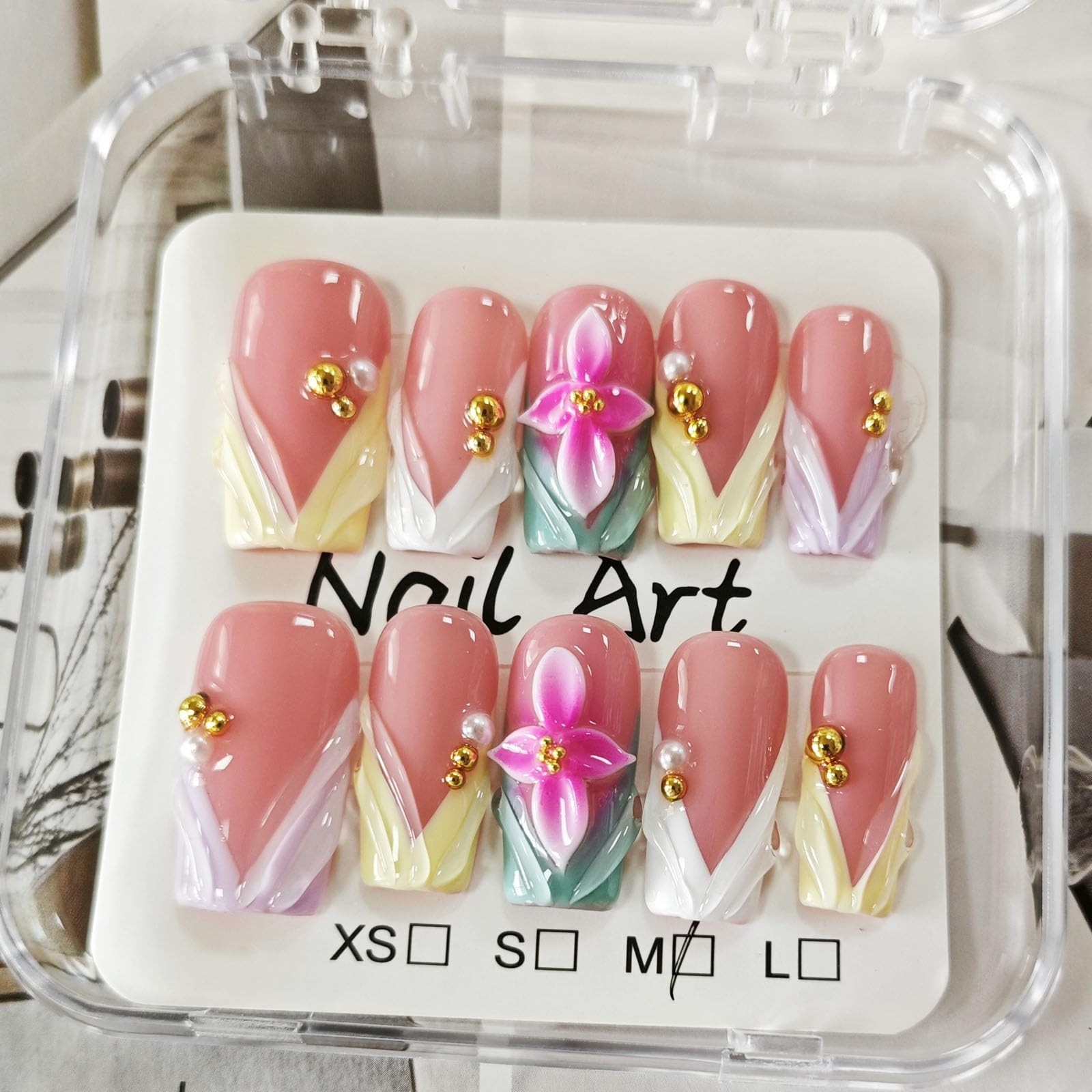 10 Pcs Medium Square Press-On Nails, 3D Flower Colorful French Tips, Acrylic M S