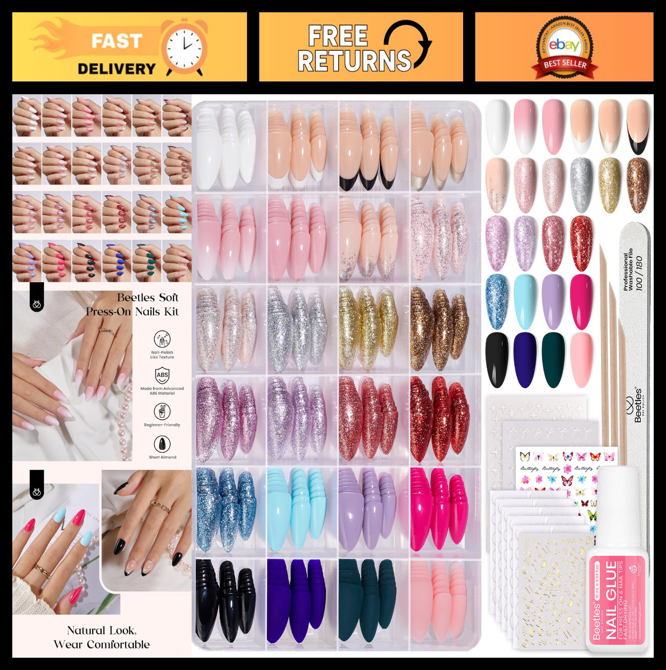 24 Colors Press on Nails Kit – 720 Pcs Short Almond Glossy Matte Glitter, Nail G