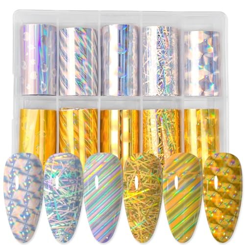 10 Rolls Gold and Silver Nail Foil Transfer Sticker Kit Laser Laser Gold Silver