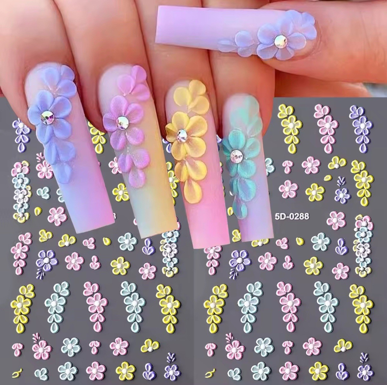 2PK 5D Embossed Flowers Nail Art Stickers Petals Decals Spring Summer Nail Decor