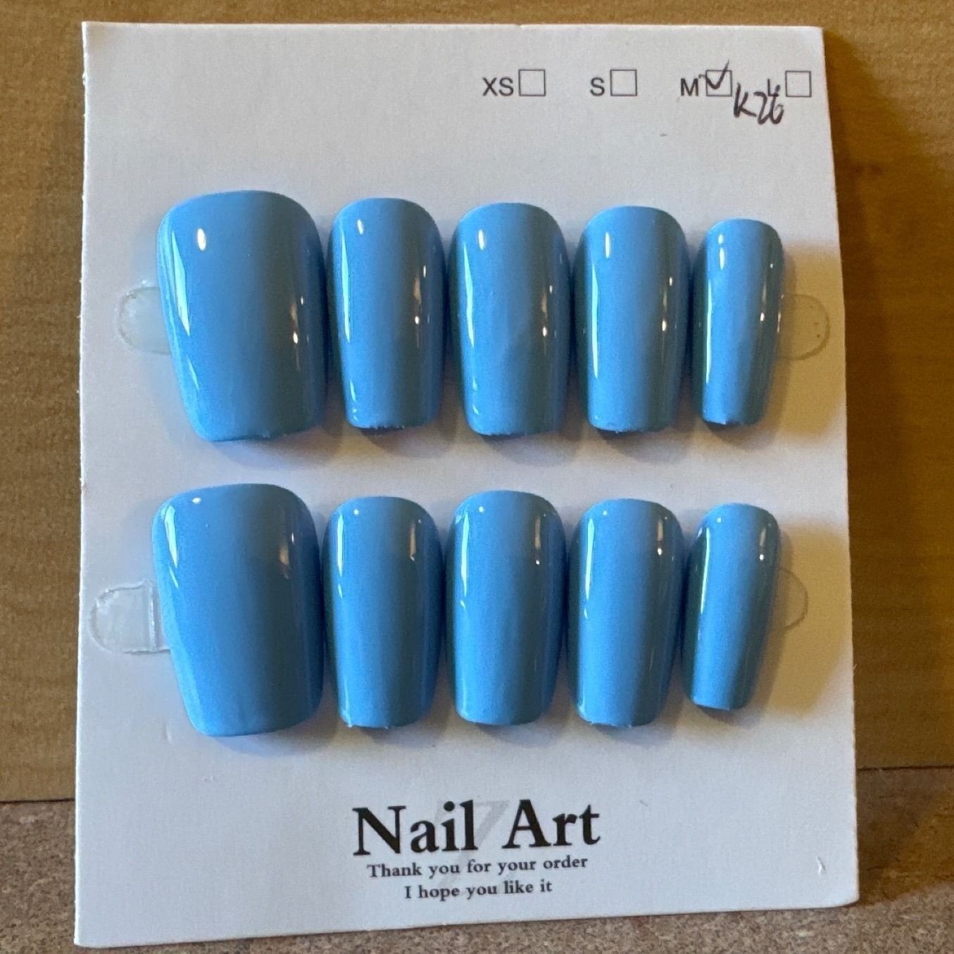 Light Blue Press On Nails Medium Coffin Glossy False Nails Set Size M