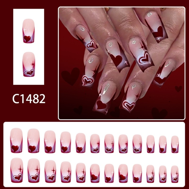 Middle Length Glossy Fake Nail Valentine Wine Red Heart Design Press On Nail