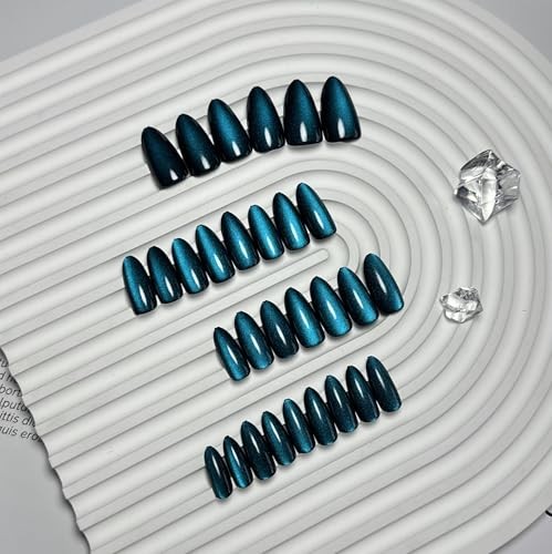 Cat Eye Press On Nails Almond, 30 Pcs Glitter Black Blue Press On black blue