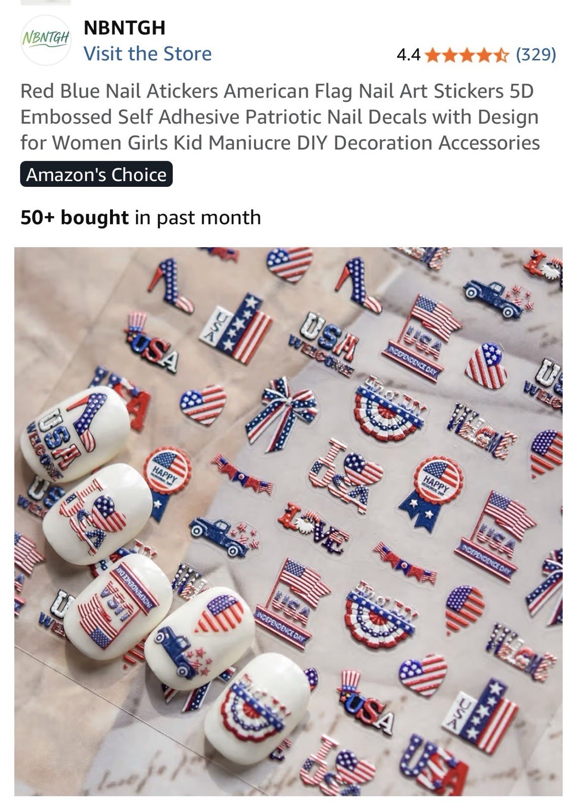 Nbntgh Red, White, Blue 5D Nail Stickers 4 Sheets