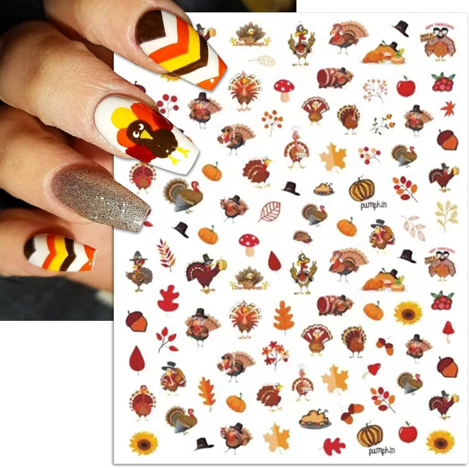 Fall Nail Art Stickers, Thanksgiving Day Turkey Nail Decals, 3D Self-Adhesive…