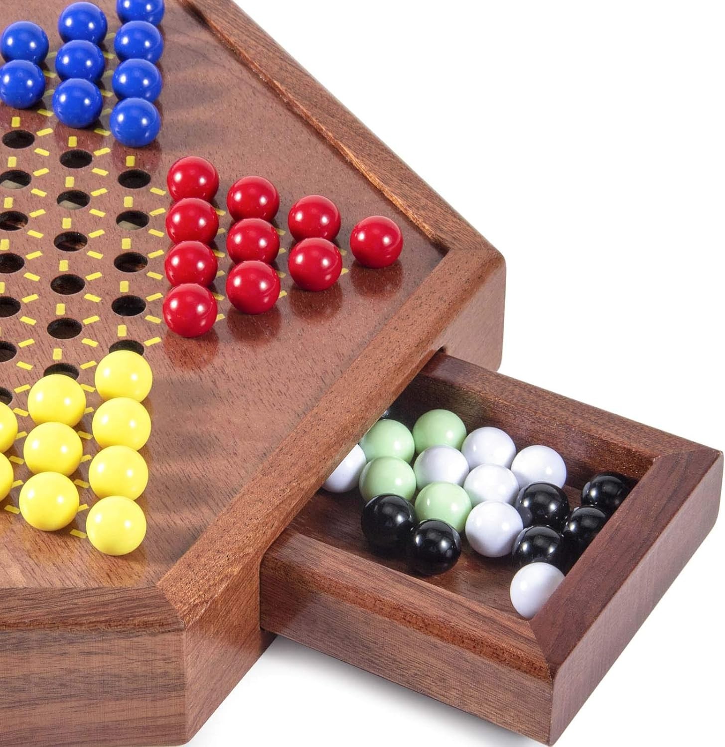 AMEROUS 12.5 inches Wooden Chinese Checkers Set with Storage Drawer – 60…