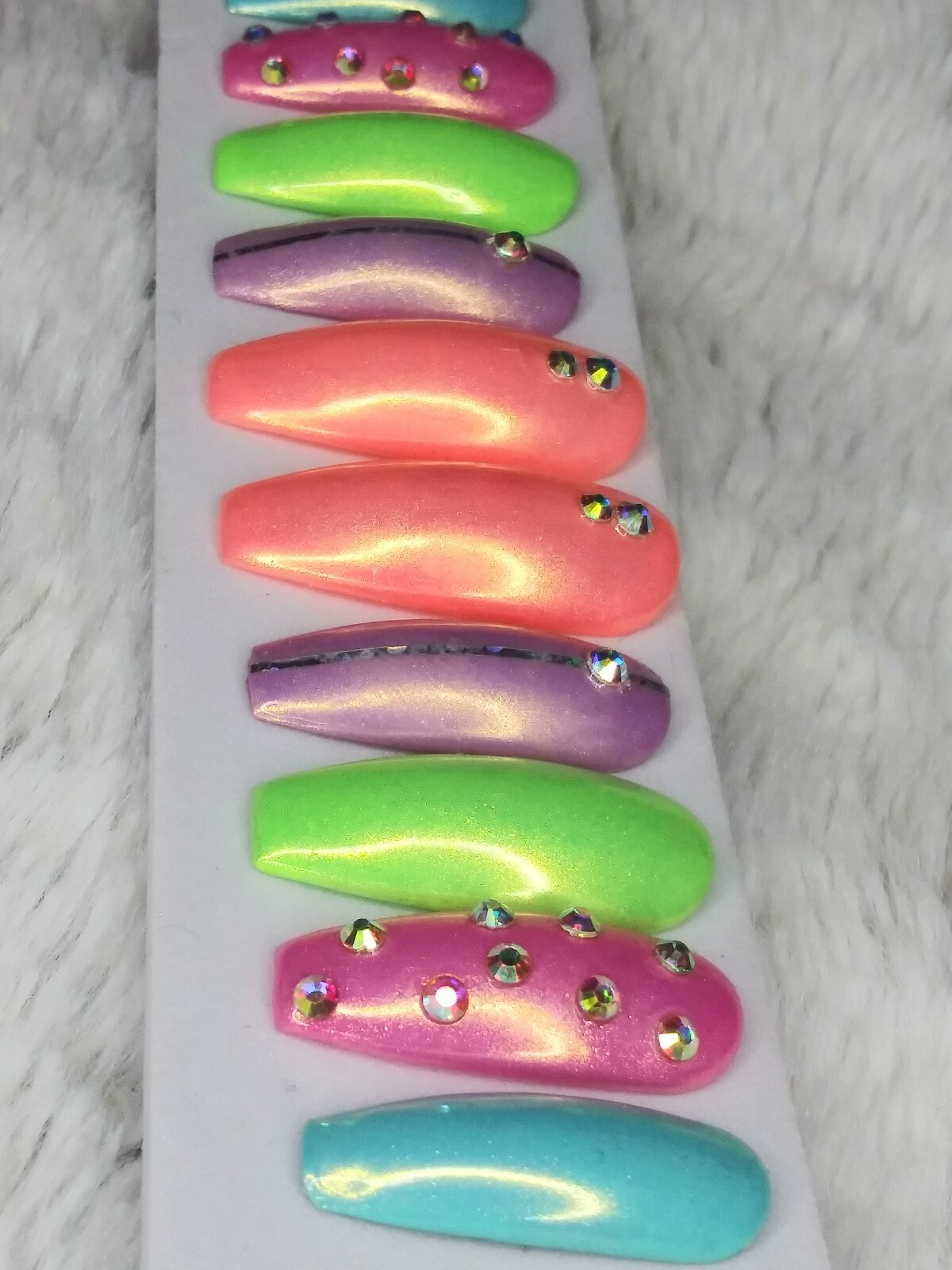 Colorful Rainbow bling gel press on nails crystal set w/ unicorn powder neon