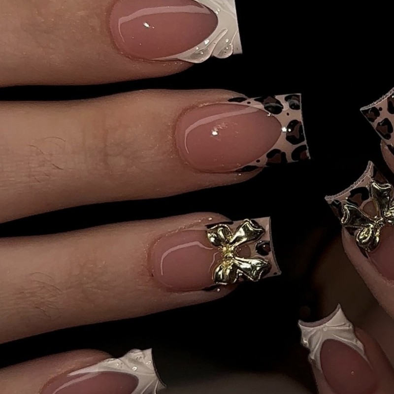 Sweet Edgy 3D Bows Leopard Print French Press On Nail ABS Material For Party