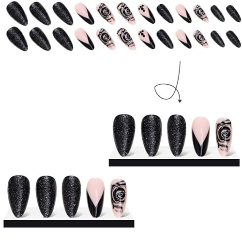 Black Press on Nails Stiletto Short Medium Fake Nails with Flower Glitter