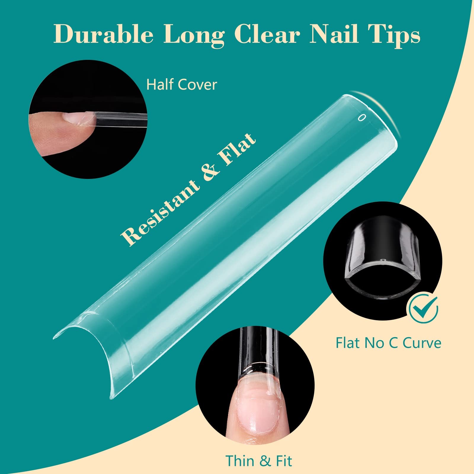 LIONVISON 3XL Square Nail Tips: No C Curve Flat 504pcs square with box, Clear